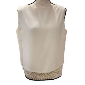 Vintage 80s 90s White Silk?‎ High NeckTop Beaded Open Weave Hem Women Medium